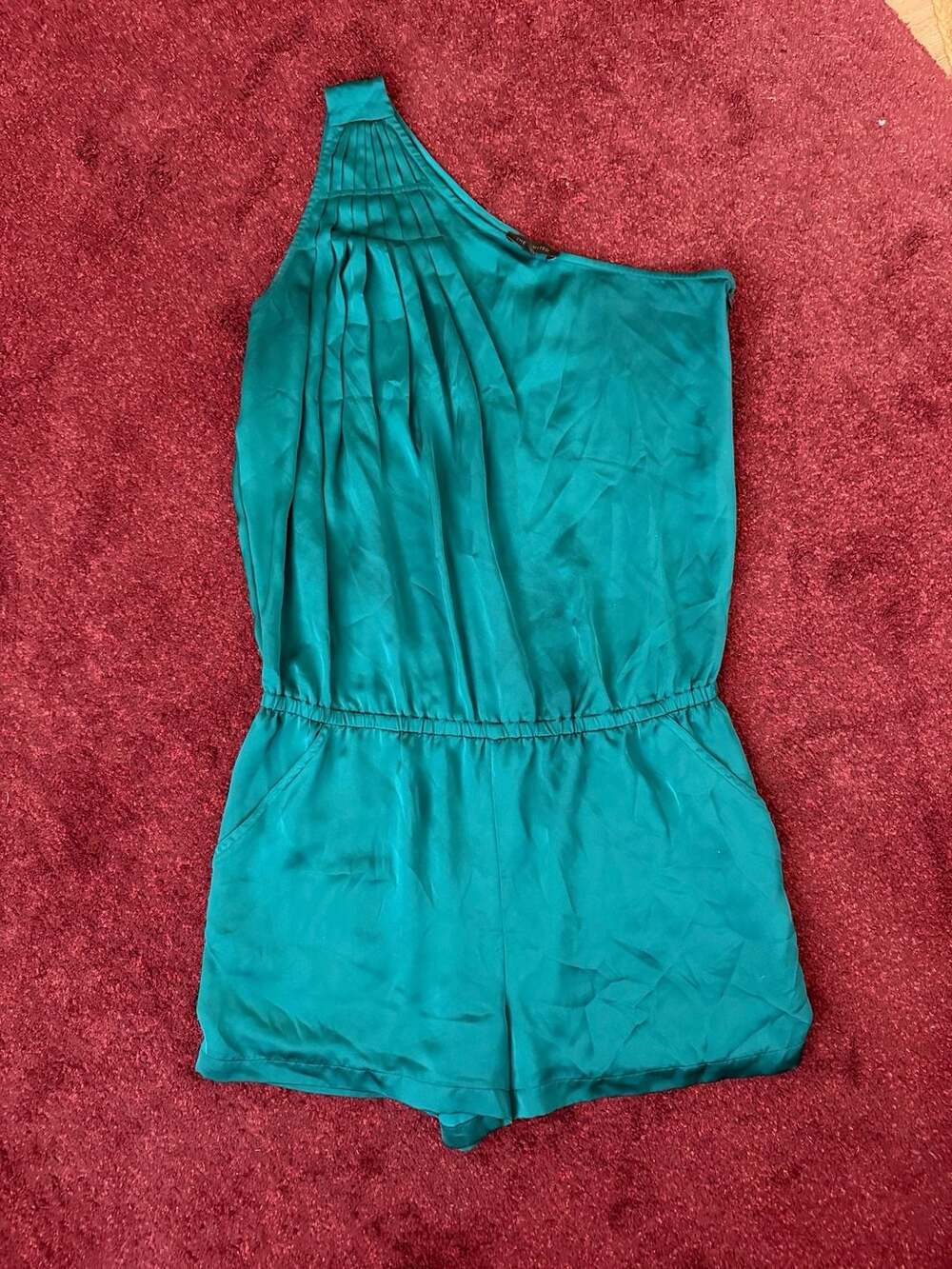 The Limited Emerald Green One Shoulder Satin Romper Size M